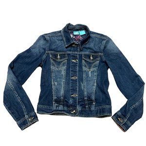 VTG HANG TEN DENIM TRUCKER JACKET SZ S BLUE CROPPED FACTORY DISTESSED WOMENS